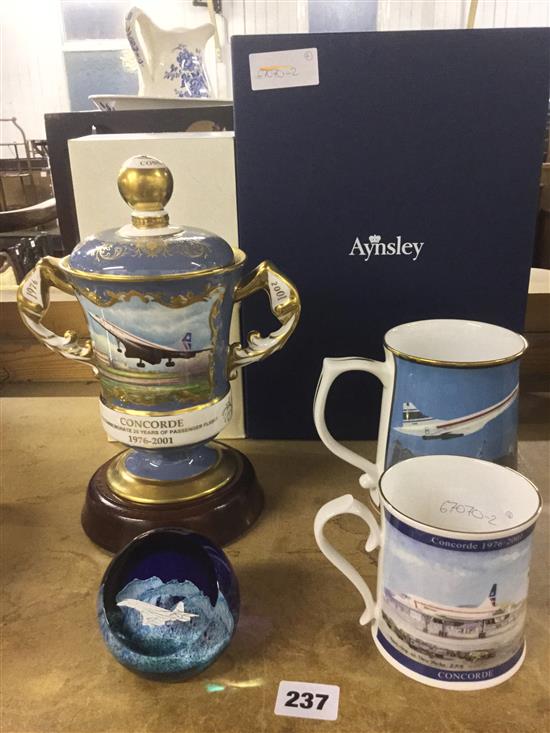 Aynsley Concorde 2-handled cup, limited edition no.6 of 100 a Caithness paperweight and 2 mugs